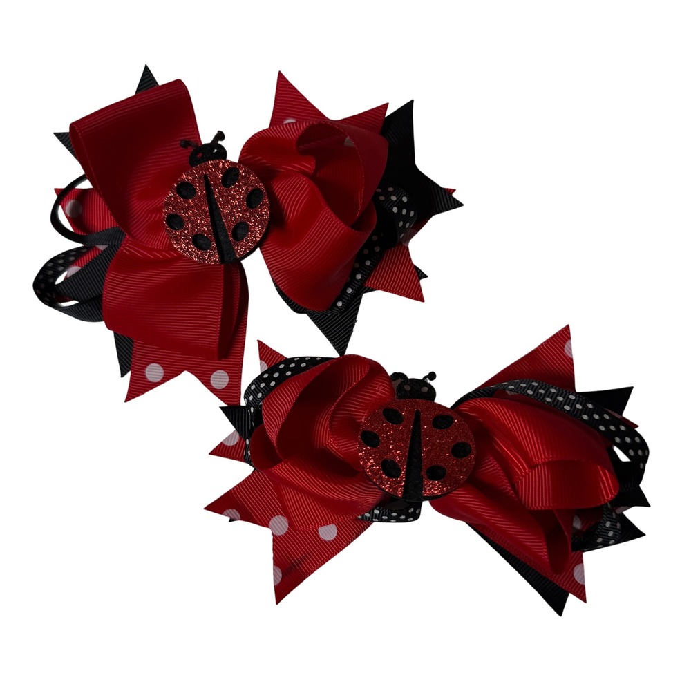 2pc Kids Ladybug‎ Hair Bows Red Black Polka Dot Glitter Accent Clips